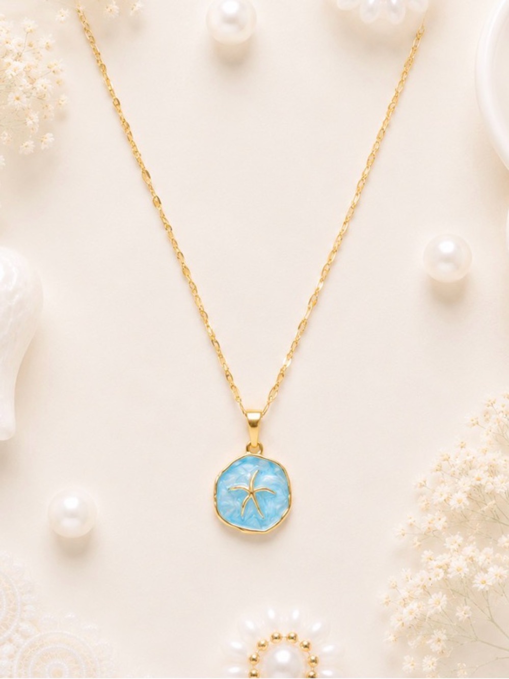 Gold-Plated Blue Enamel Starfish Pendant Necklace - Women Jewelry
